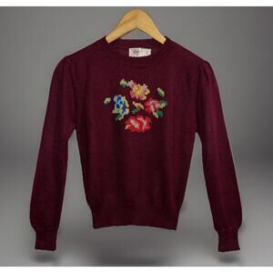 VTG Rafferty Sweater Burgundy Red Needlepoint Sampler Floral Granny Cottage Sz S